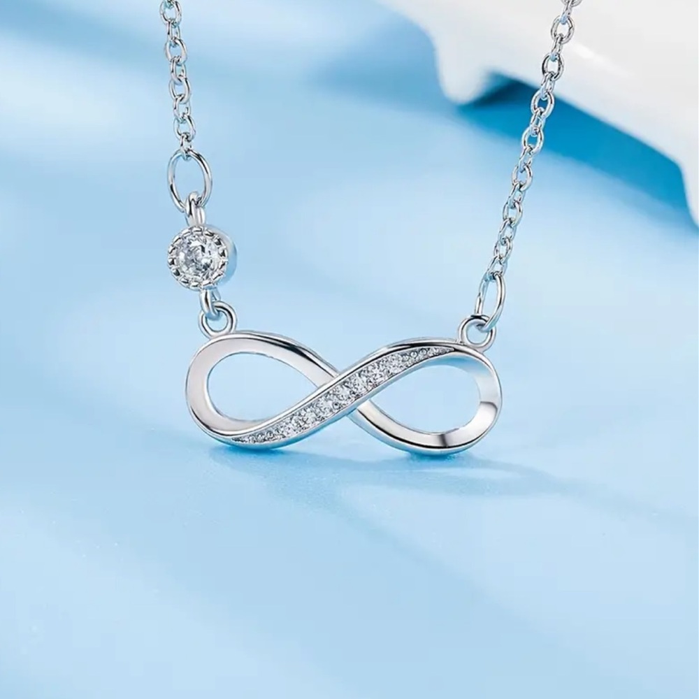 New Sterling Silver White Sapphire Infinity Design Chain Minimalist Necklace - Picture 10 of 14